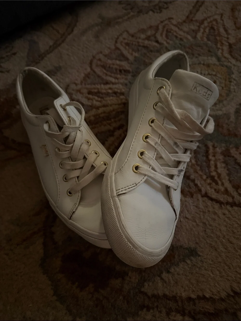 Keds Women's Cream-White Leather Sneakers with Gold Eyelets
